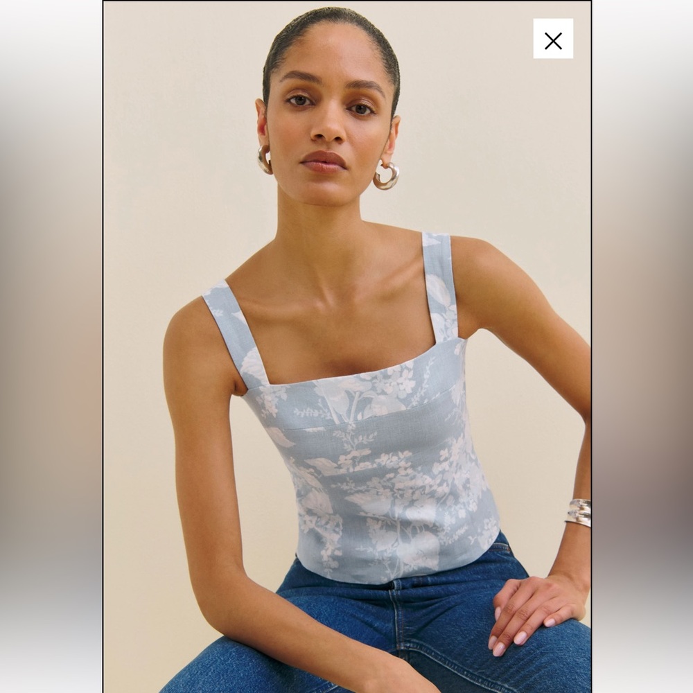 NWT Reformation Darci Linen Light Blue Floral Tank Top Sz 4 - Picture 3 of 5